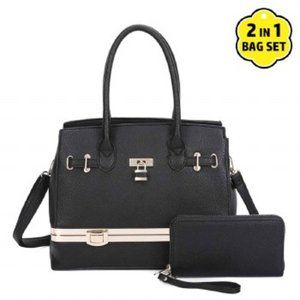 NEW Fashion Tote with Matching Wristlet- 2 Pc Set - Bottom Compartment - Black